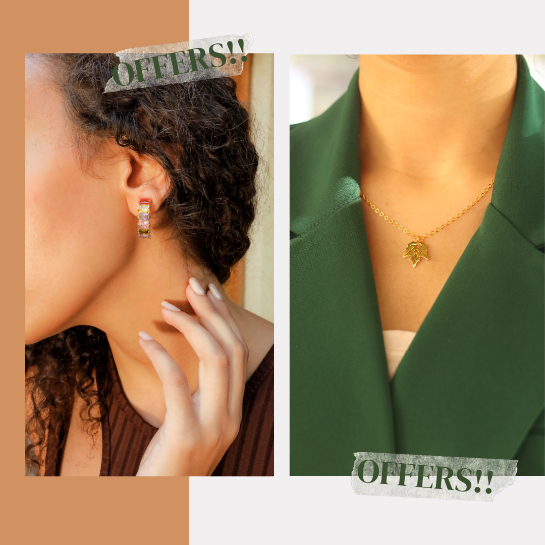 Vibrant earrings + leafy necklace